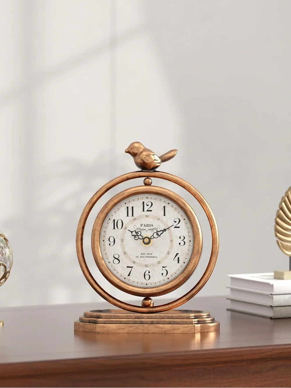 Paris Bird Table Clock in Antique Gold - Home Wall Decor